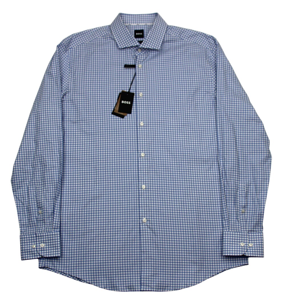 Hugo Boss Hank Shirt Mens 17.5 XL 44 Blue Gingham Slim Fit Long Sleeve Stretch